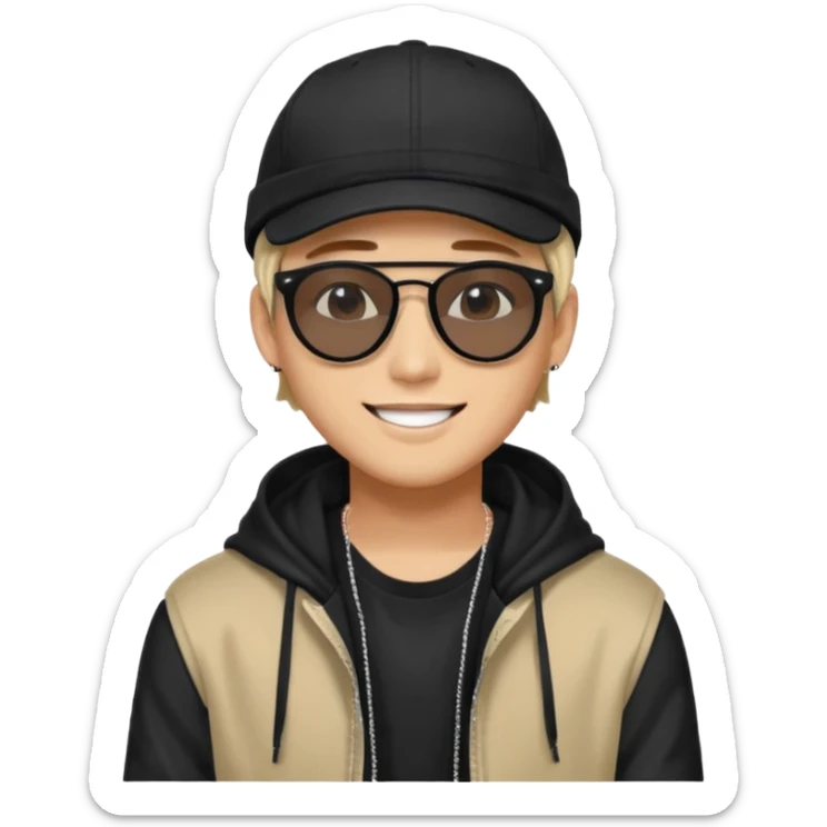 Portrait of a male K-pop idol, wearing a stylish streetwear outfit with layered clothing, makeup, wearing a black cap, happy, sunglasses sticker