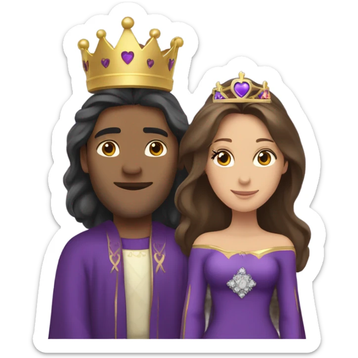 Caucasian long brunette with woman wearing formal royal purple robes and a crown whose face shows hearts to the man she adores  sticker