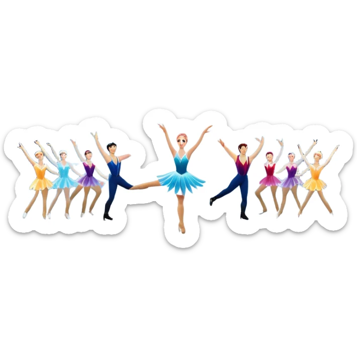 An icon of a theatrical ice show with close-up costumed figure skaters performing a dramatic scene on a glowing ice stage. Spotlights, colorful scenery, and a cheering audience in a grand arena convey the magic and artistry of the ice performance. Transparent background included. sticker