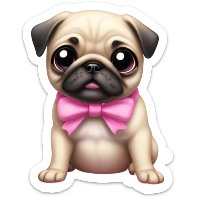 Baby pug with big pink
eyes wearing a pink bow above 1 ear sitting in a puddle  sticker