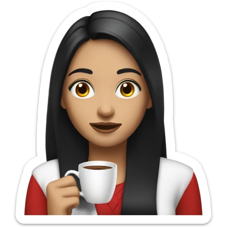 light girl with black hair holding cup of coffee wearing red blouse  sticker