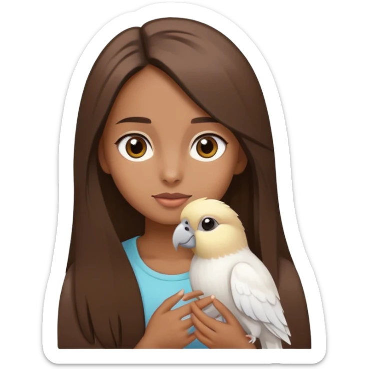 Girl with brown long straight hair and brown eyes, holding 2 white cockatiels sticker