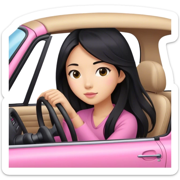 Long hair asian girl driving on her way in a pink car  sticker
