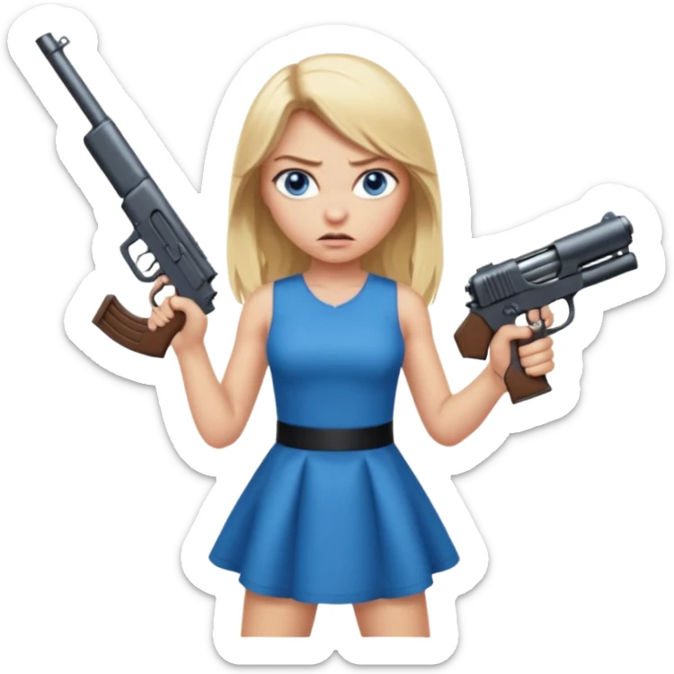 Beautiful  blue eye blonde Long Hair Gangsta girl in a short sexy  Dress Looks angry  with a big gun sticker