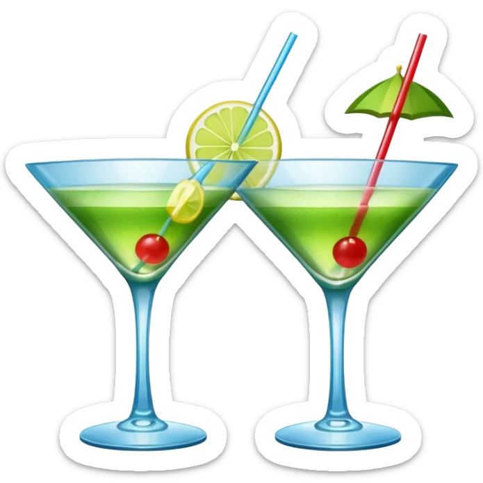 Create an emoji of two cocktails cheers action, one glass of green and yellow color and one glass of blue and red, without any fruit sticker