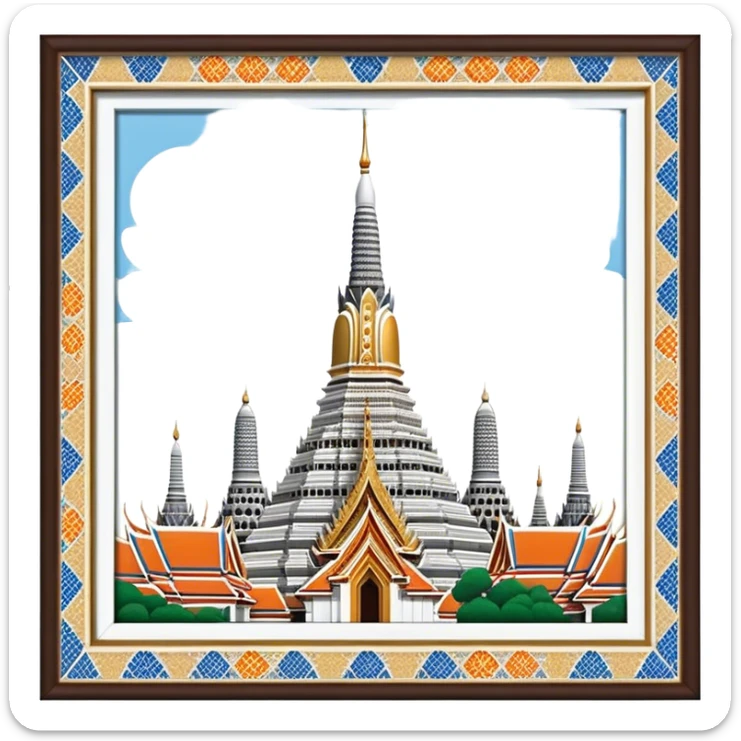 Cinematic Realistic Wat Arun Landmark Emoji, depicting the towering temple spires adorned with intricate porcelain mosaics sticker