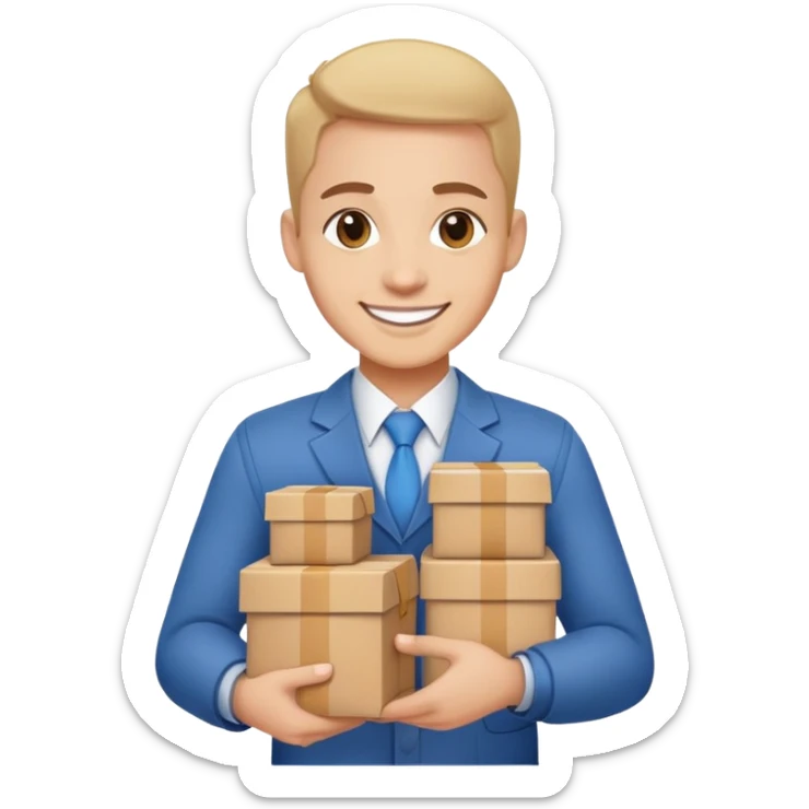 A friendly business person with packages and supplies, smiling and ready to deliver goods sticker