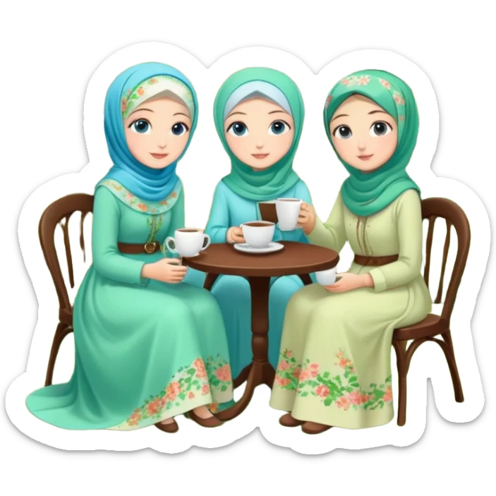 Turkish beautiful finish Konya girls blue eyes with Beautiful light green floral hijab long tail dress and the two friends in a lovely garden sits on the chair on the ground and holds cup coffe with her hand  sticker