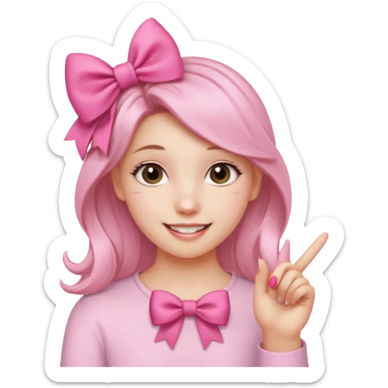 Chica sonriendo con un lazo rosa en la cabeza y mordiendose la punta del dedo indice con delicadeza y la otra mano que no salga sticker