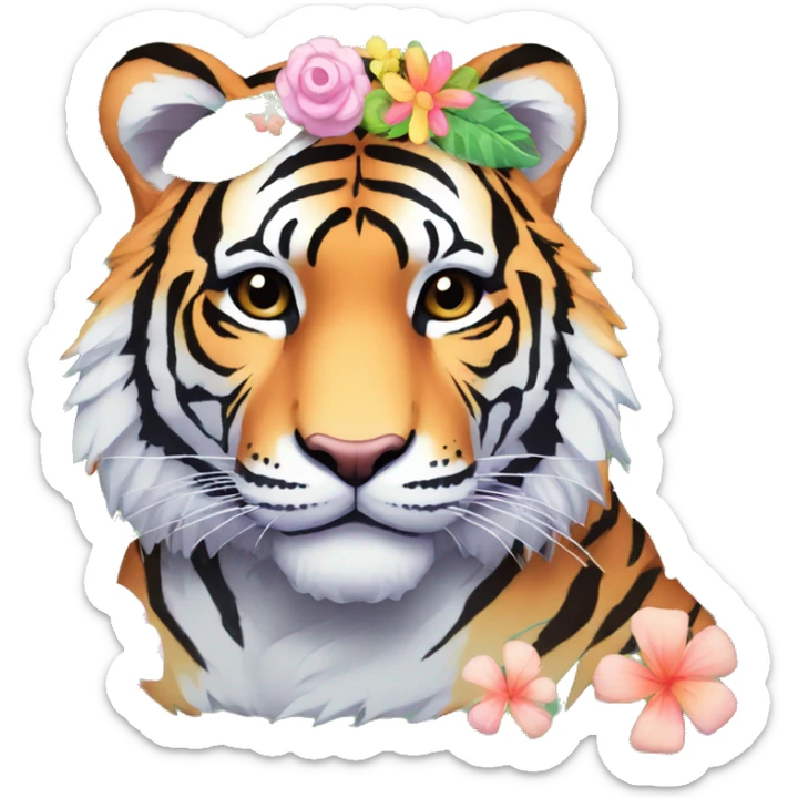 Pixel art of a pastel tiger wearing tropical flowers and leaves, flower crown, floral  sticker