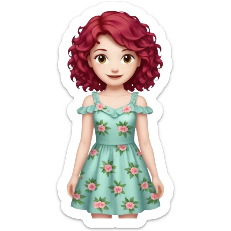woman with shoulder length curly cherry red hair with brown eyes and pale skin smiling. pastel dress sticker