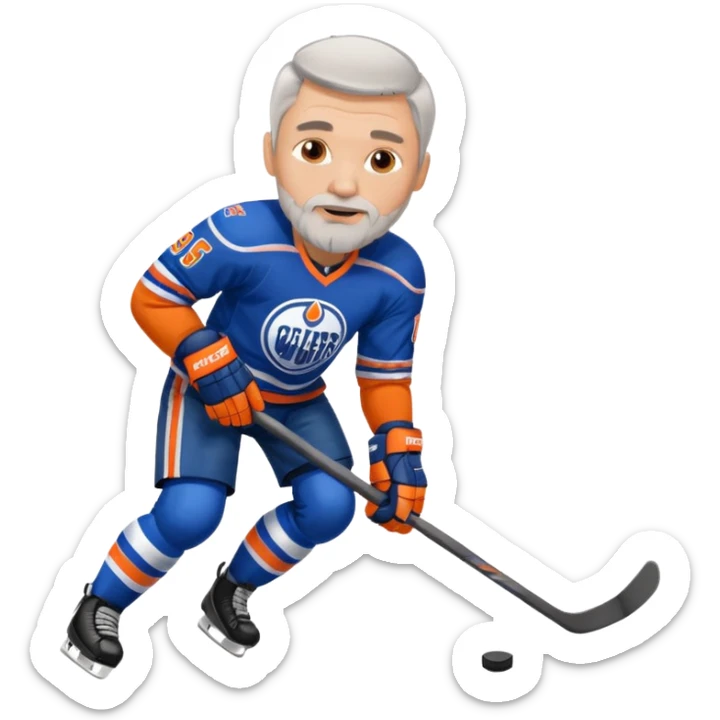 Handsome, muscular white man with gray hair and goatee, playing hockey and wearing an Oilers jersey sticker
