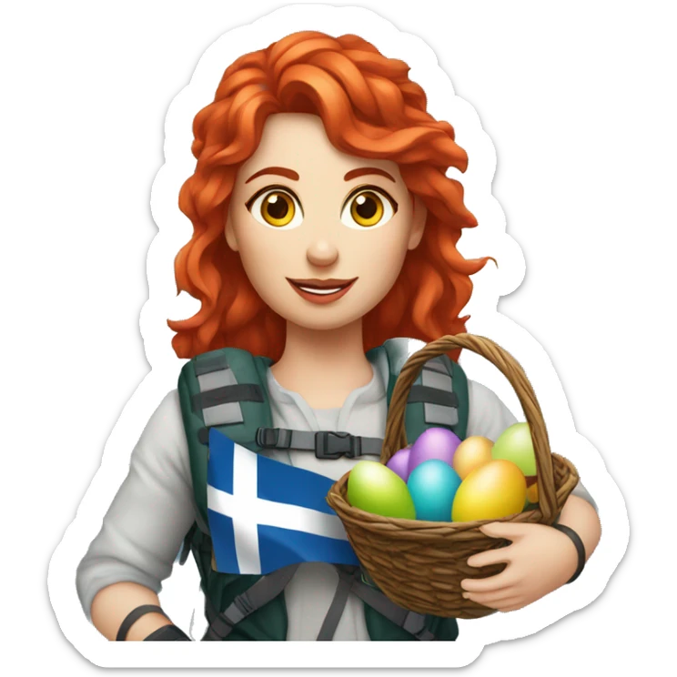 Greek Female winter mountaineer red hair white skin climbing with Greek Flag and Easter eggs basket sticker
