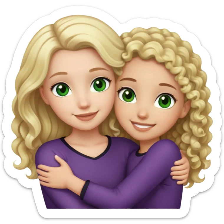 a white girl with blonde straight hair and green eyes is hugging a light skin girl with black, curly hair and brown eyes. the girl with curly hair is ab bit bitter than the white girl  sticker