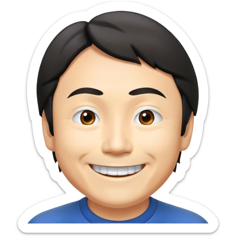 ​Cinematic Realistic Portrait of a Smiling Shigeru Miyamoto, depicted with warm, approachable features, showing a giant smile with expressive eyes, set against a subtle backdrop, inviting lighting that captures his innovative spirit sticker