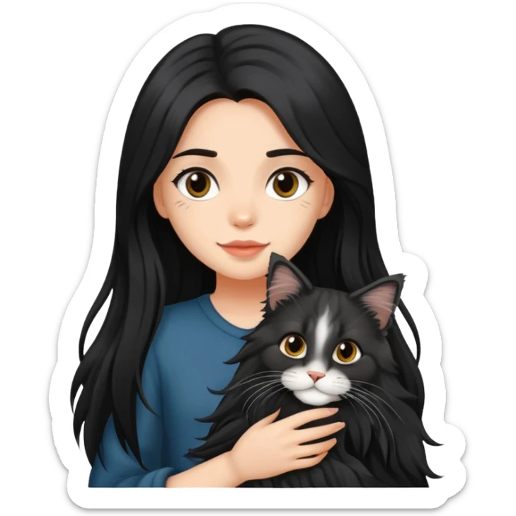 Fair skin beautiful black long hair girl holding maine coon black sticker
