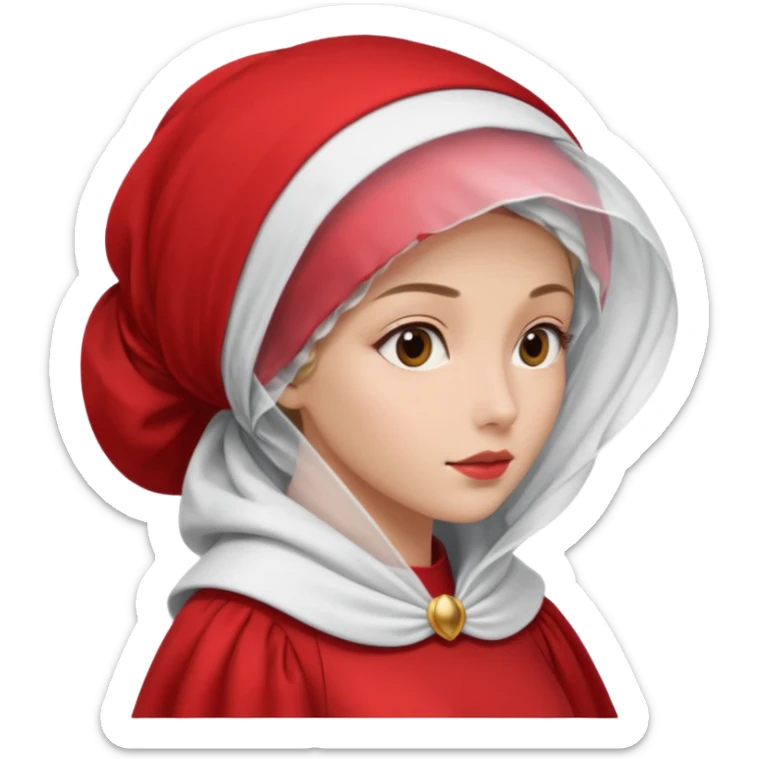 mujer de perfil con un vestido rojo de manga y falsas largas y voluptosas, y una toca blanca GRANDE que no se le ve la cara porque la toca la cubre sticker