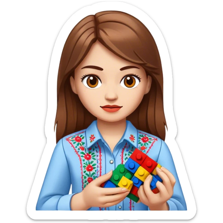A Ukrainian girl with brown hair in an embroidered shirt holds Lego bricks sticker