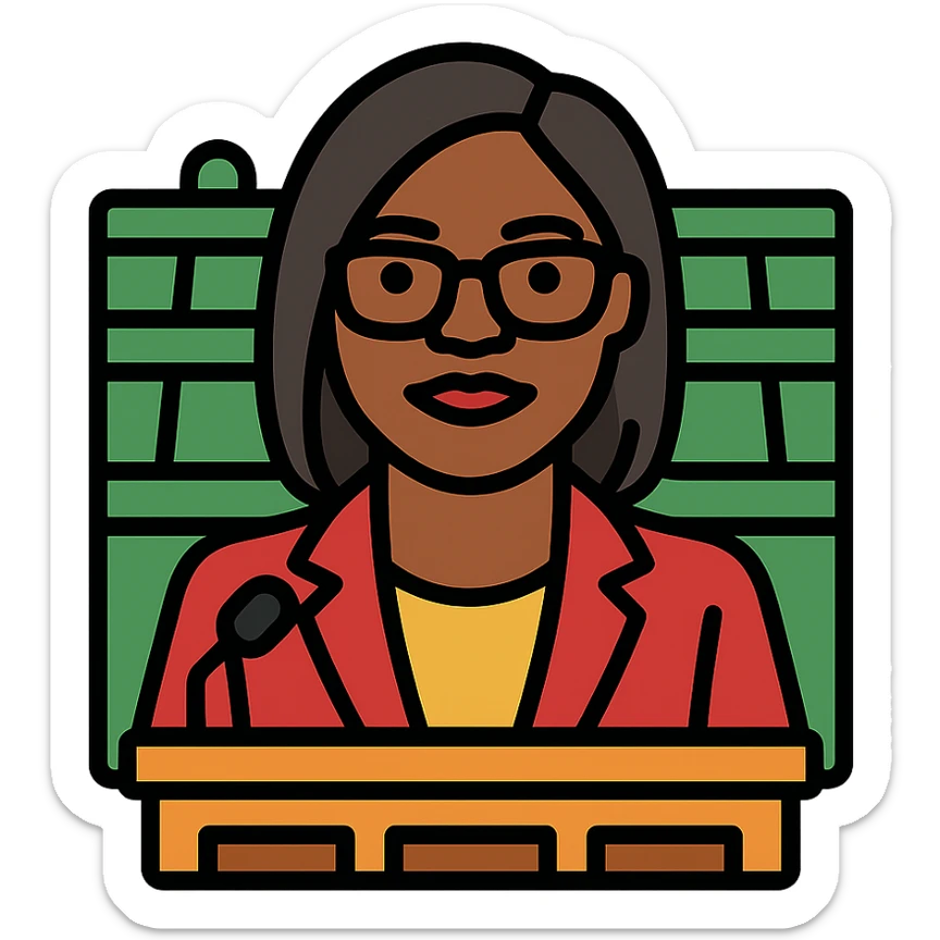 Kemi Badenoch, confident, in parliament, color outline icon style sticker