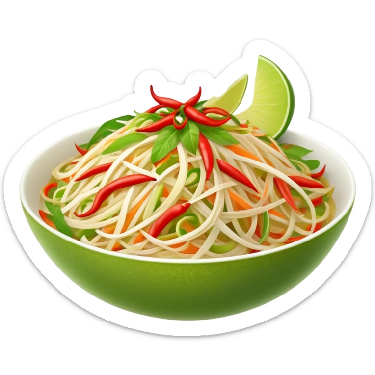 Cinematic Realistic Som Tam (Papaya Salad) Dish Emoji, featuring a spicy, tangy salad of shredded green papaya with chili and lime rendered with crisp textures and bright, lively lighting. sticker