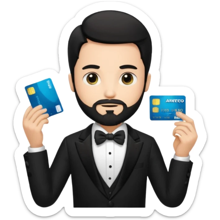 make a genmoji of a boy with a an amex card in hand and wearing a tux, black hair. bearded sticker
