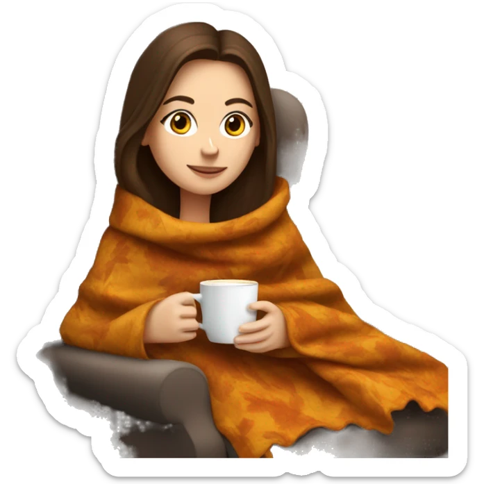 Brunette white girl covered in blanket autumn vibe sitting on a cozy chair holding coffee,  sticker