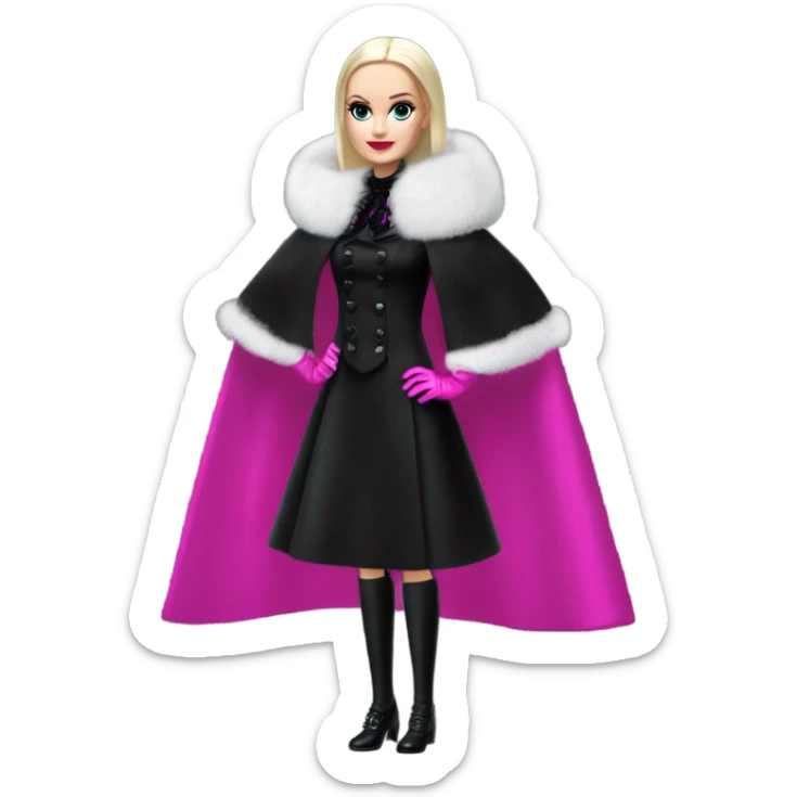 Fucshia ‘n Fur Barbie, Wednesday Addams, cape,veil,funeralwear,showing off, show full body,accessories coat gloves  sticker