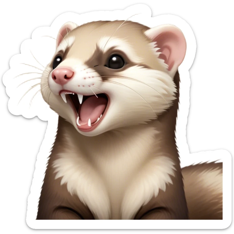 Cinematic Cute Yawning sable ferret Portrait Emoji, Head tilted slightly with an exaggerated, wide-open yawn, showcasing a long, flexible body with a plush fur in soft brown and cream, droopy, drowsy eyes, and a relaxed expression, Simplified yet irresistibly endearing features, highly detailed, glowing with a soft, cozy natural glow, high shine, relaxed yet expressive, stylized with a dash of whimsical charm, soft glowing outline, capturing the essence of a sleepy yet affectionate sable ferret that seems ready to curl up for a nap! sticker