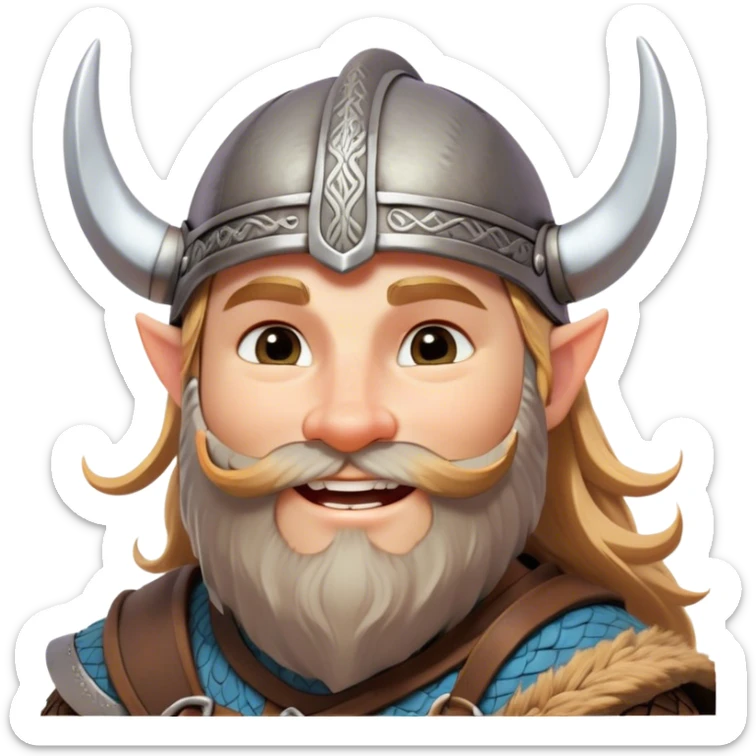 Clash of Clans aesthetic: Cinematic Playful Viking Portrait Emoji, Head tilted with a cheeky grin and twinkling eyes, featuring a compact, charming build with a modest, stylized Viking helmet and a playful beard, his face rendered in natural skin tone, Simplified yet irresistibly charming features, highly detailed, glowing with a warm, inviting radiance, high shine, spirited and lively, stylized with an air of whimsical Nordic mischief, soft glowing outline, capturing the essence of a playful Viking exuding friendly rogue charm! sticker