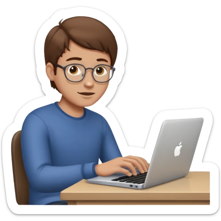 memoji of a man with a laptop in front, apple-style,modern,brown hair light skin ton and natural emotion, working looking on his laptop sticker