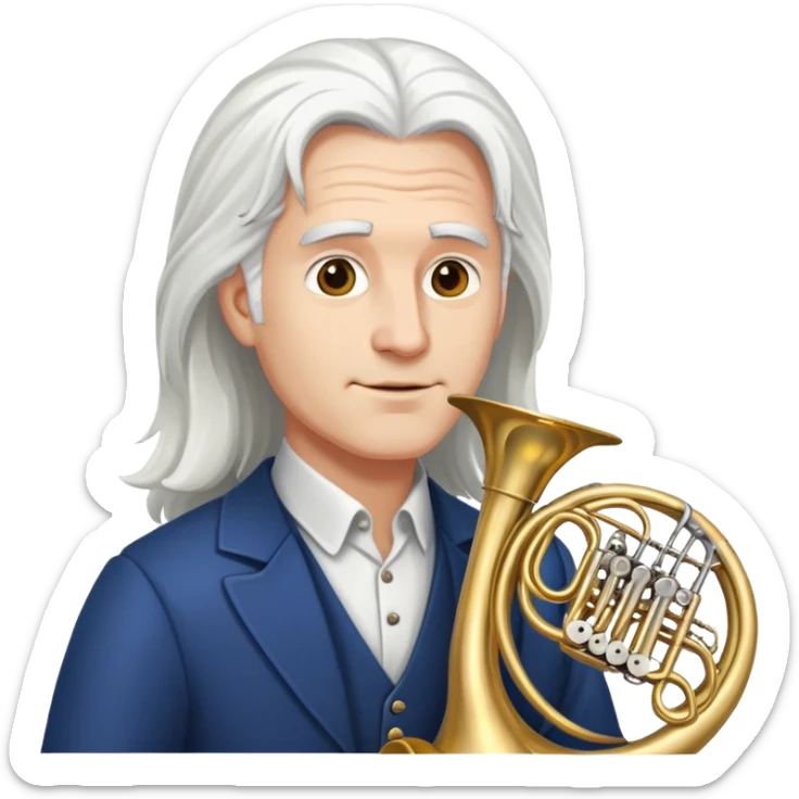 White hair guy with long hair and French horn sticker