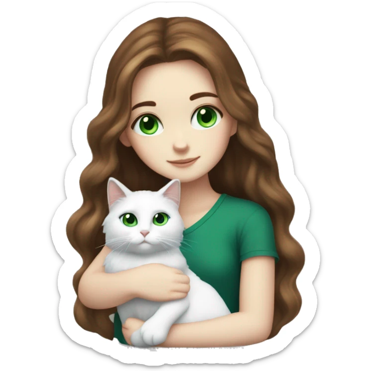 White girl with long brown hair blue eyes snuggling fluffy white cat with green eyes sticker