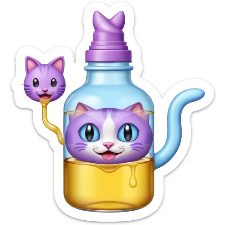 Smiling bottle of oil light purple top and light blue sticking tongue out and with cat ears sticker