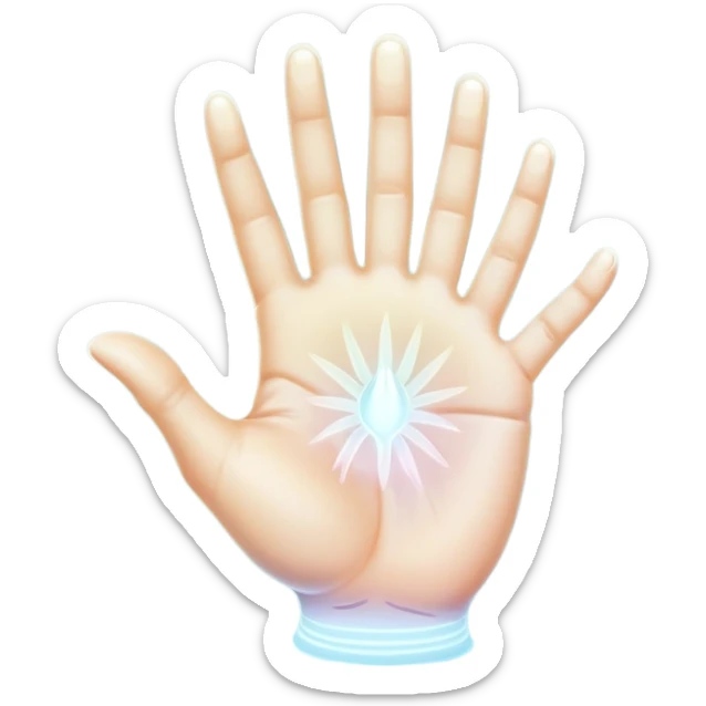  -- ethereal glowing hand palm lines-- 5 fingers reading palm - the act of palm reading practice 
 sticker