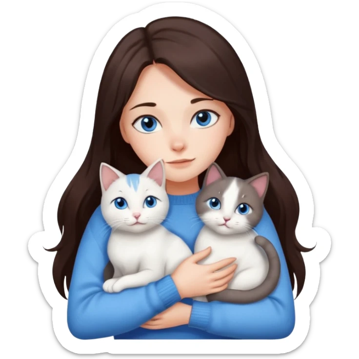 a girl with long dark 
brown hair, with blue eyes, in a
white sweater, hugs 3 different natural coloured cats sticker