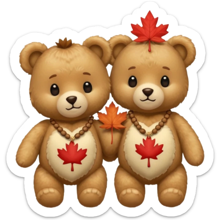 2 fluffy Teddy bears in love. One has an acorn necklace and the other has a maple leaf necklace  sticker