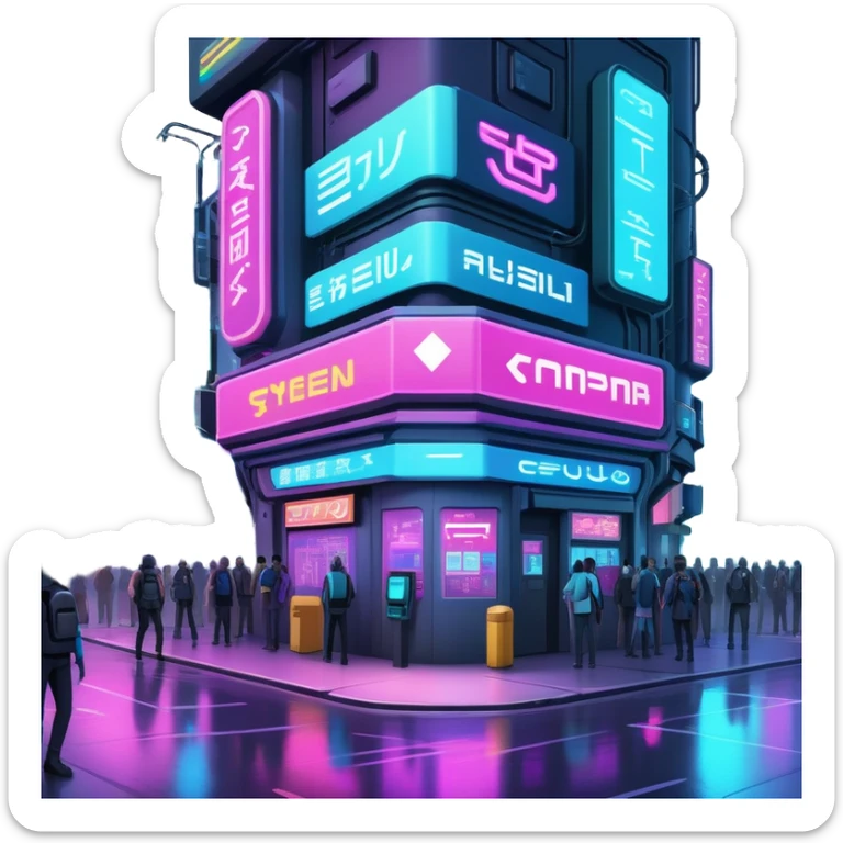 Cyberpunk street corner with neon blinking signage and holographic advertisements sticker