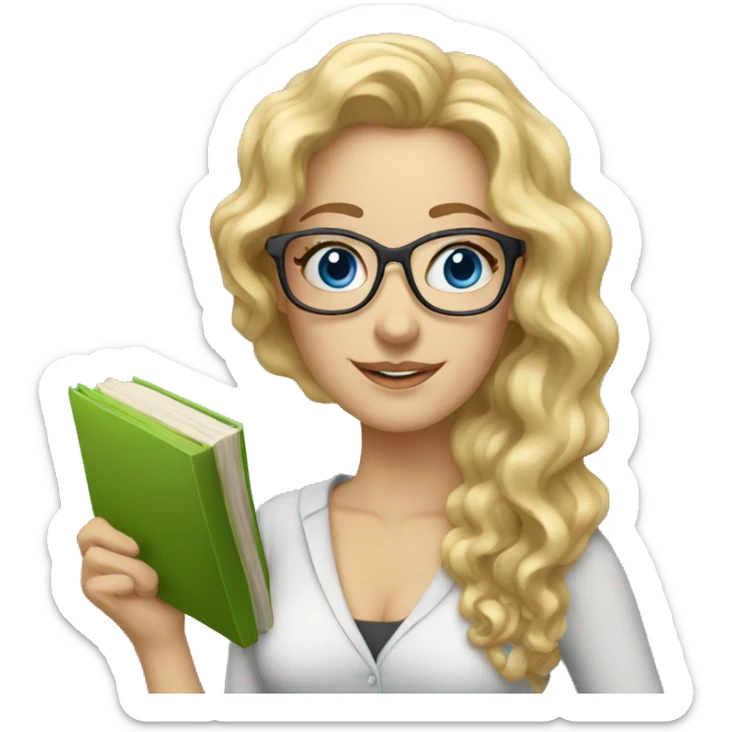 Woman teacher blonde long curly hair glasses blue eyes with book sticker