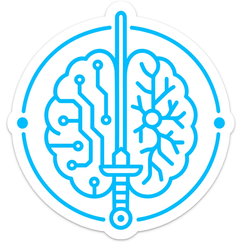 digital seal of a symmetrical brain cut by an energy blade, circuits and neurons in hemispheres, outer circle with three points, flat, monochromatic neon blue, visual of intelligence and technology sticker