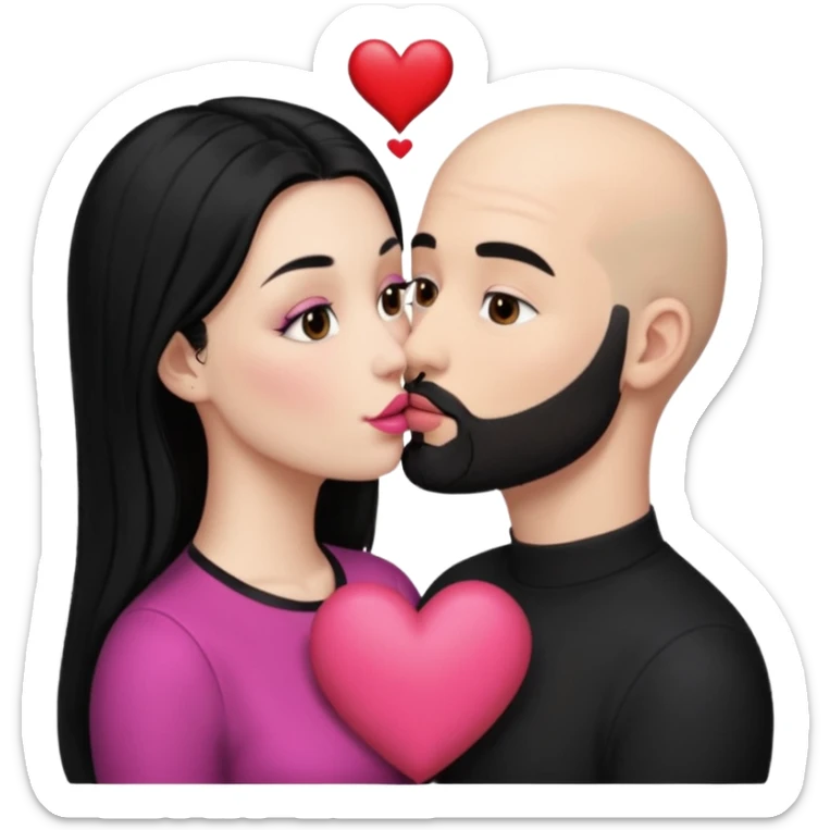 👩🏻‍❤️‍💋‍👨🏻 this one but the man should be bald. white woman with long black hair and white bald young man whoitiut hair and a heart between their heads. she has pink lips and both have brown eyes. he has e full beard but short. both wear black. they kiss slowly sticker