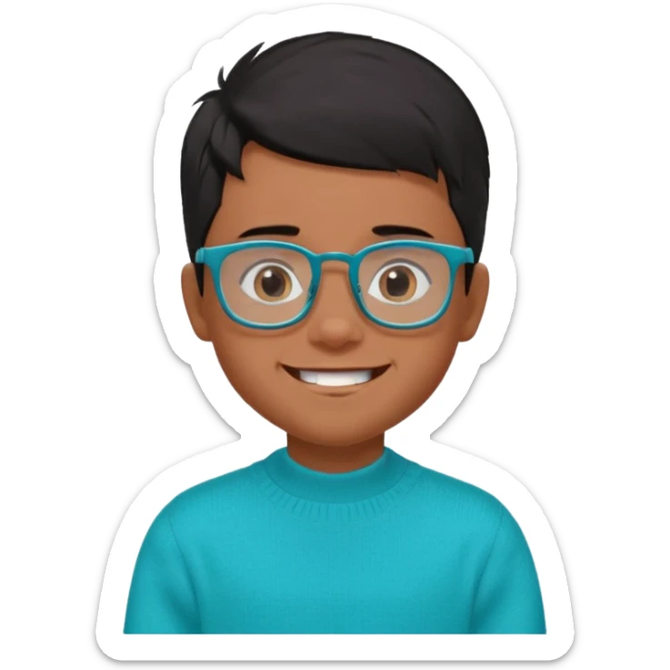 Chico de 7 años, pelo negro y repeinado pero con volumen hacia arriba, piel marrón, gafas cuadradas azules, sonriente y sin 1 diente, jersey verde turquesa y ojos muy rasgados, Y NADA redondeados, NO REDONDOOOOOOOOOOO ESO 0 sticker