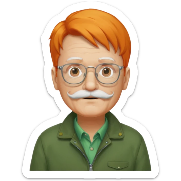 old man, orange hair, white mustache, wearing glasses, wearing a green jacket sticker