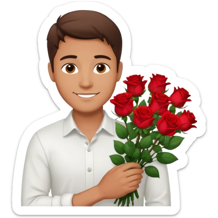 male memoji, handsome man in white shirt, holding a big bouquet of red roses, gentle smile, soft romantic eyes sticker