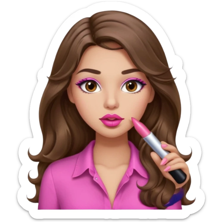 girl with long wavy brown hair, brown eyes, light to medium complexion, in a pink sexy shirt, pink lips, long lashes, puckered lips, putting on lipstick sticker