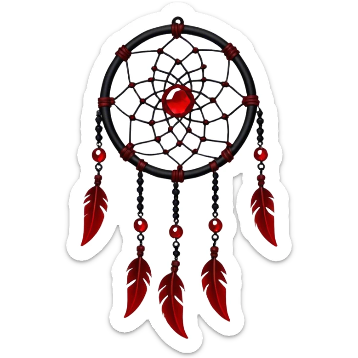 Blood-red, bloody, obsidian-black, edgy, dream catcher, red gemstones, black wires, black threads, tiny white skulls, sticker