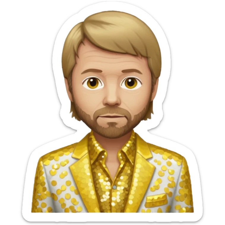 Björn Ulvaeus from ABBA with dark blonde hair, yellow sequin shirt, white sequin suit jacket sticker