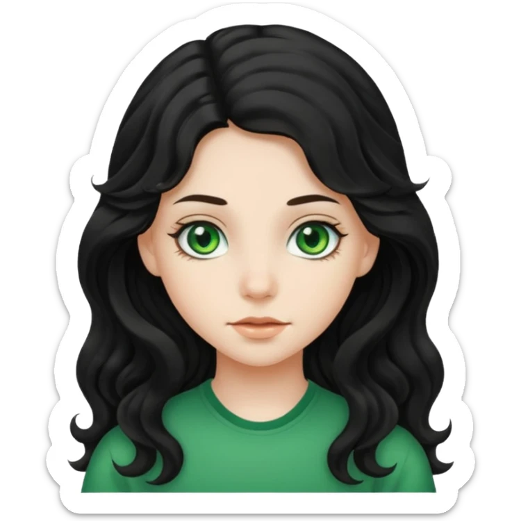 teenage girl with green eyes and black hair, long wavy hair sticker