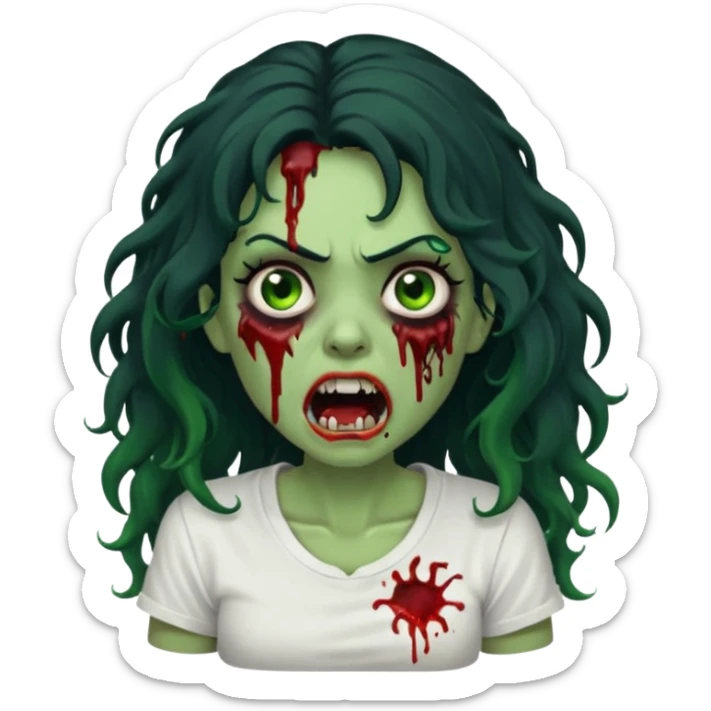 a zombie with long curly black hair volumoso, brown eyes, a white t-shirt and a splash of blood on her t-shirt, mouth open like a zombie, green skin color, not much expression, no drawing on shirt, no hands showing, less blood on her face,  sticker