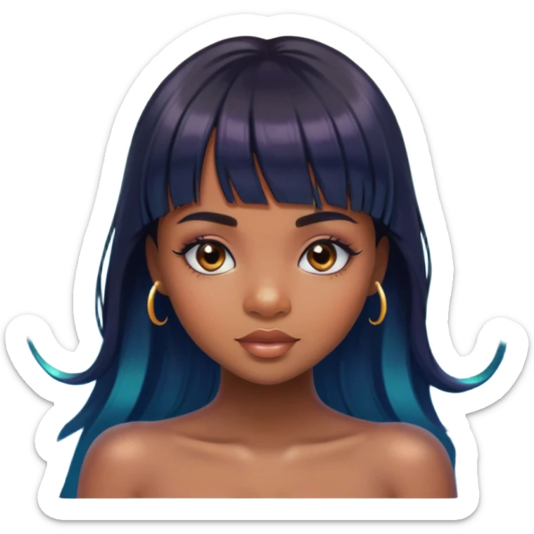 brownskin girl, beautiful girl, mermaid appearance, black straight hair with bangs above eyebrowns, nostril piercing sticker