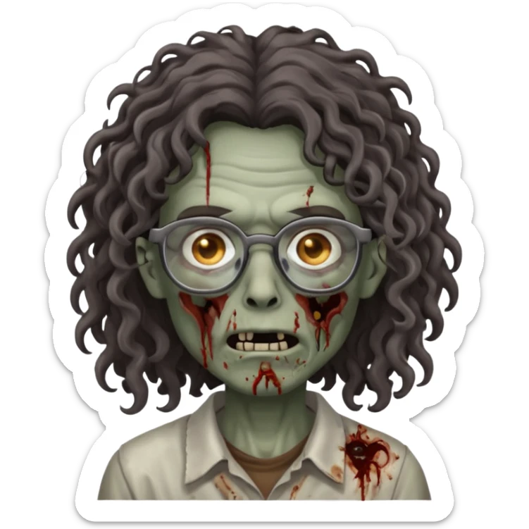 make a zombie with grey skin and long dark brown curly hair and glasses sticker